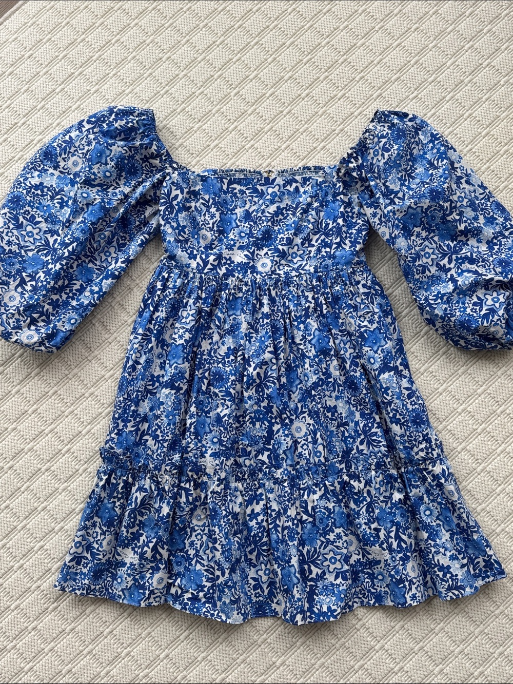 Cara Cara Blue Floral Puff-Sleeve Tiered Dress